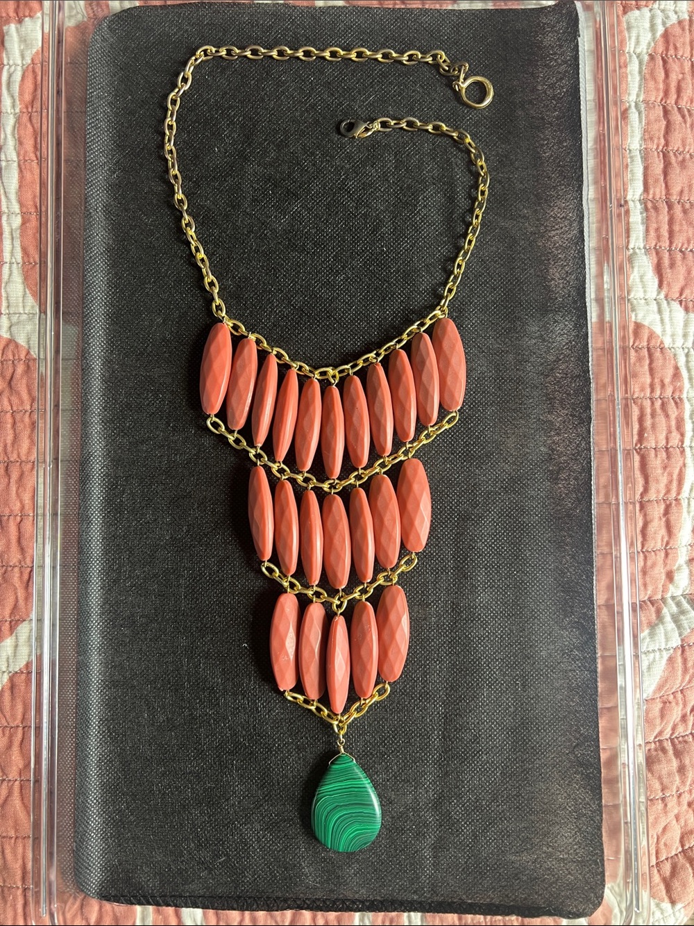 Anthropologie Gold-Tone Coral Pink Bib Necklace with Green Teardrop